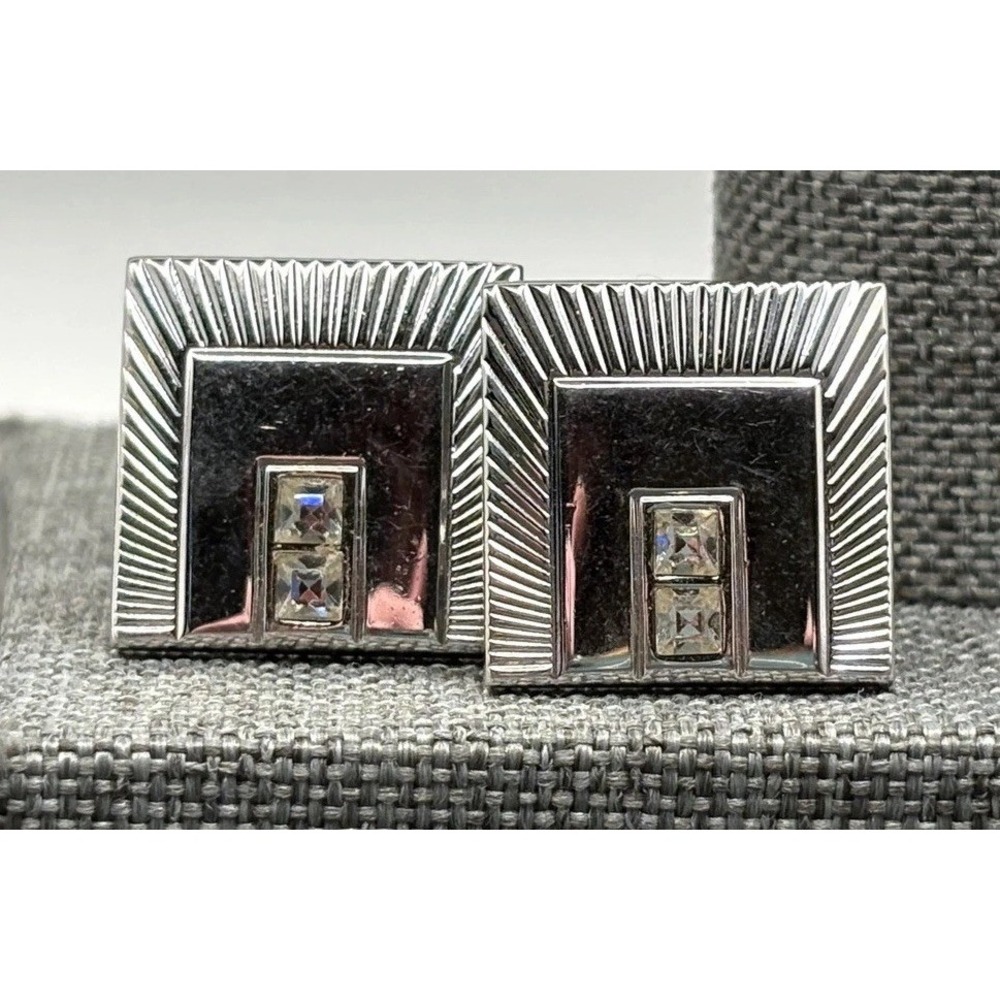 Vintage Silver Tone Square Cufflinks Rhinestone Crystal Geometric Retro